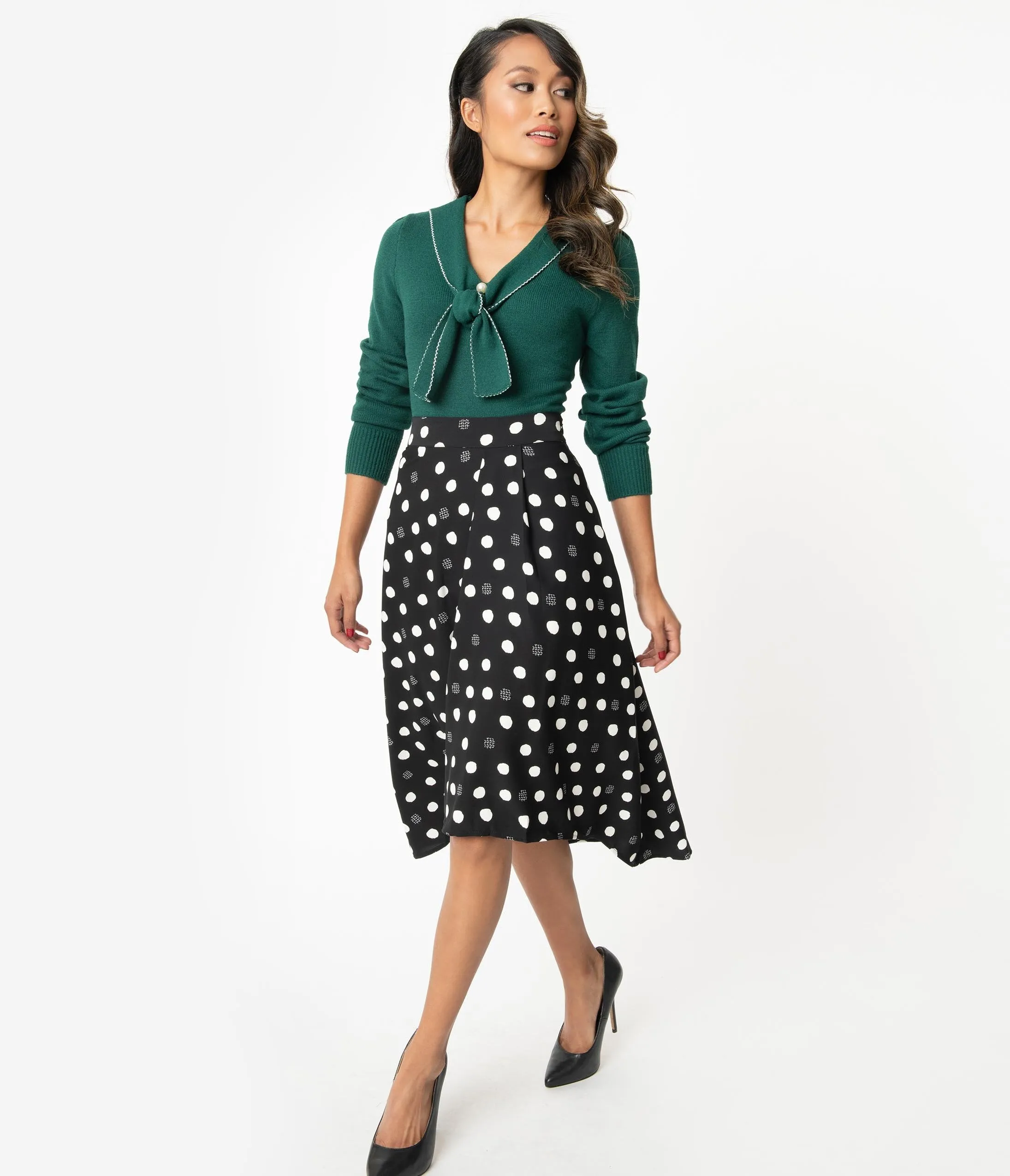 1950s Style Black & White Polka Dot High-low Swing Skirt