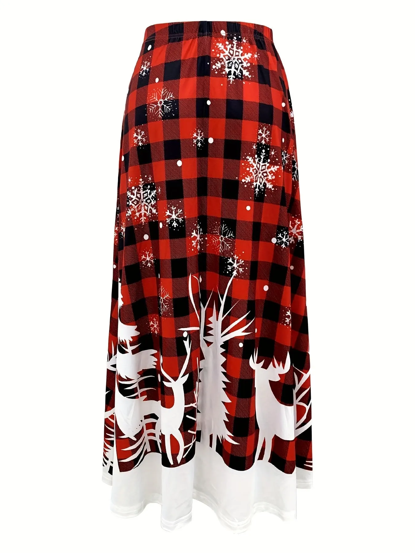 1pc Elegant Christmas Reindeer Plaid Print Skirt for Women, Polyester Knit Asymmetrical Festive Midi Skirt with Snowflake Pattern, Holiday Style for All Seasons