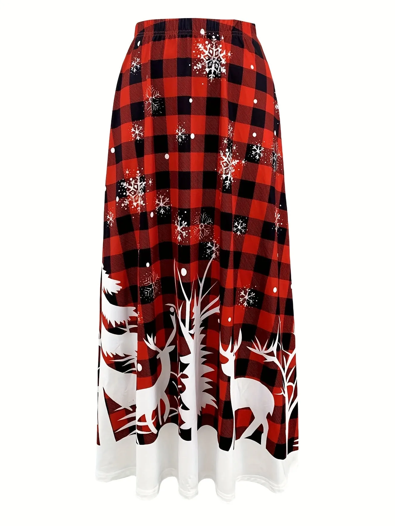 1pc Elegant Christmas Reindeer Plaid Print Skirt for Women, Polyester Knit Asymmetrical Festive Midi Skirt with Snowflake Pattern, Holiday Style for All Seasons