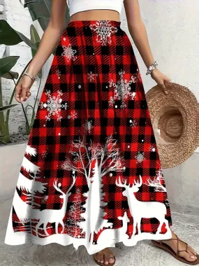 1pc Elegant Christmas Reindeer Plaid Print Skirt for Women, Polyester Knit Asymmetrical Festive Midi Skirt with Snowflake Pattern, Holiday Style for All Seasons