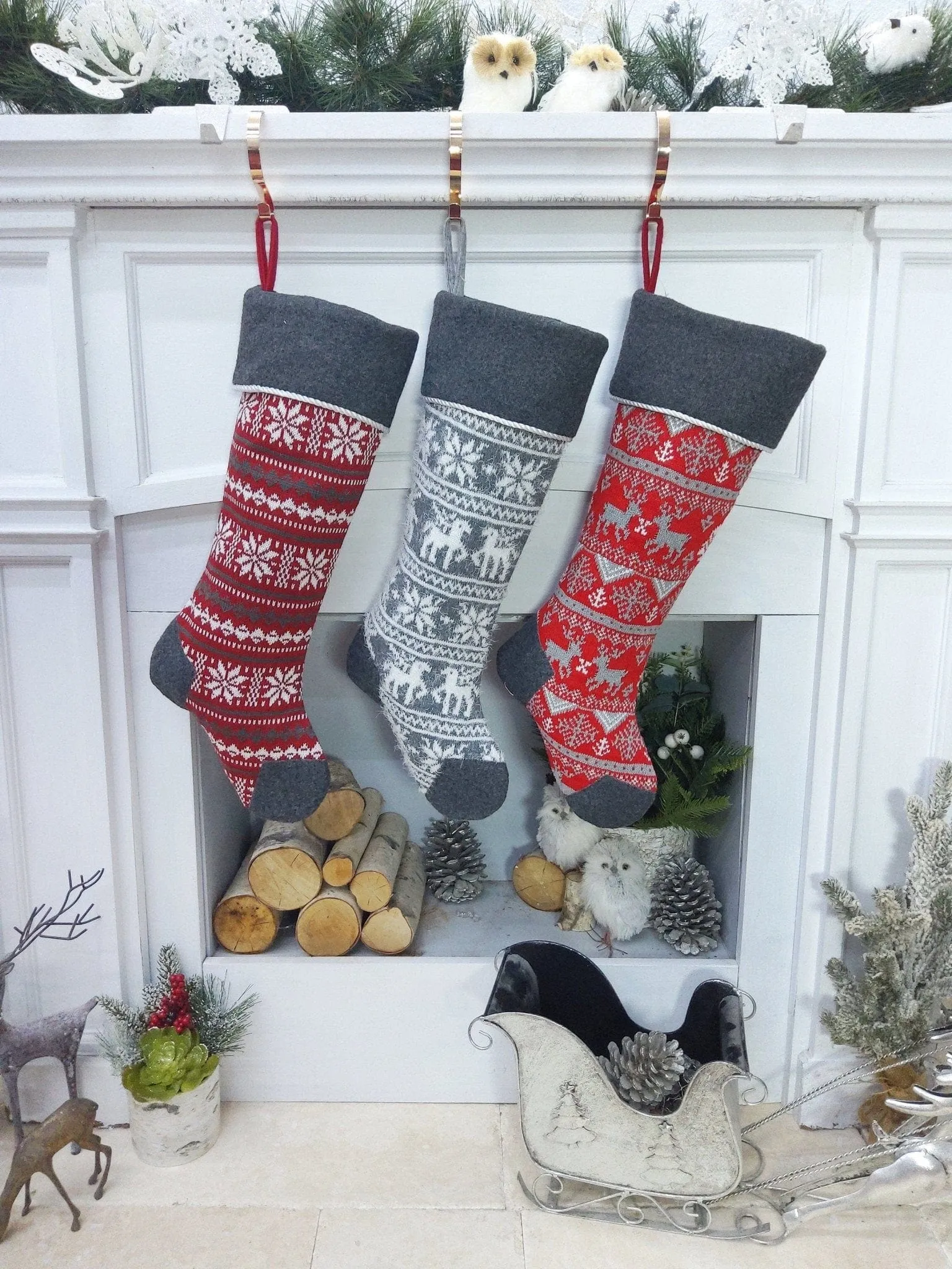 21 Inch Nordic Knit Stockings Personalized Embroidered or with Cutout Wood Name Tag Christmas Stockings Family