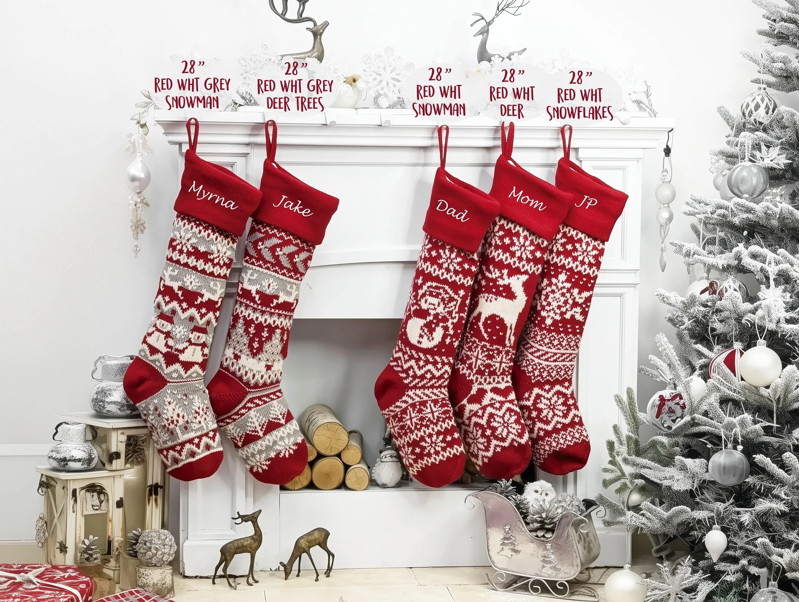 28" Personalized Knit Christmas Stockings | XL Fair Isle Reindeer & Snowflakes | Extra Large Long Oversize Knitted Red White Grey Custom