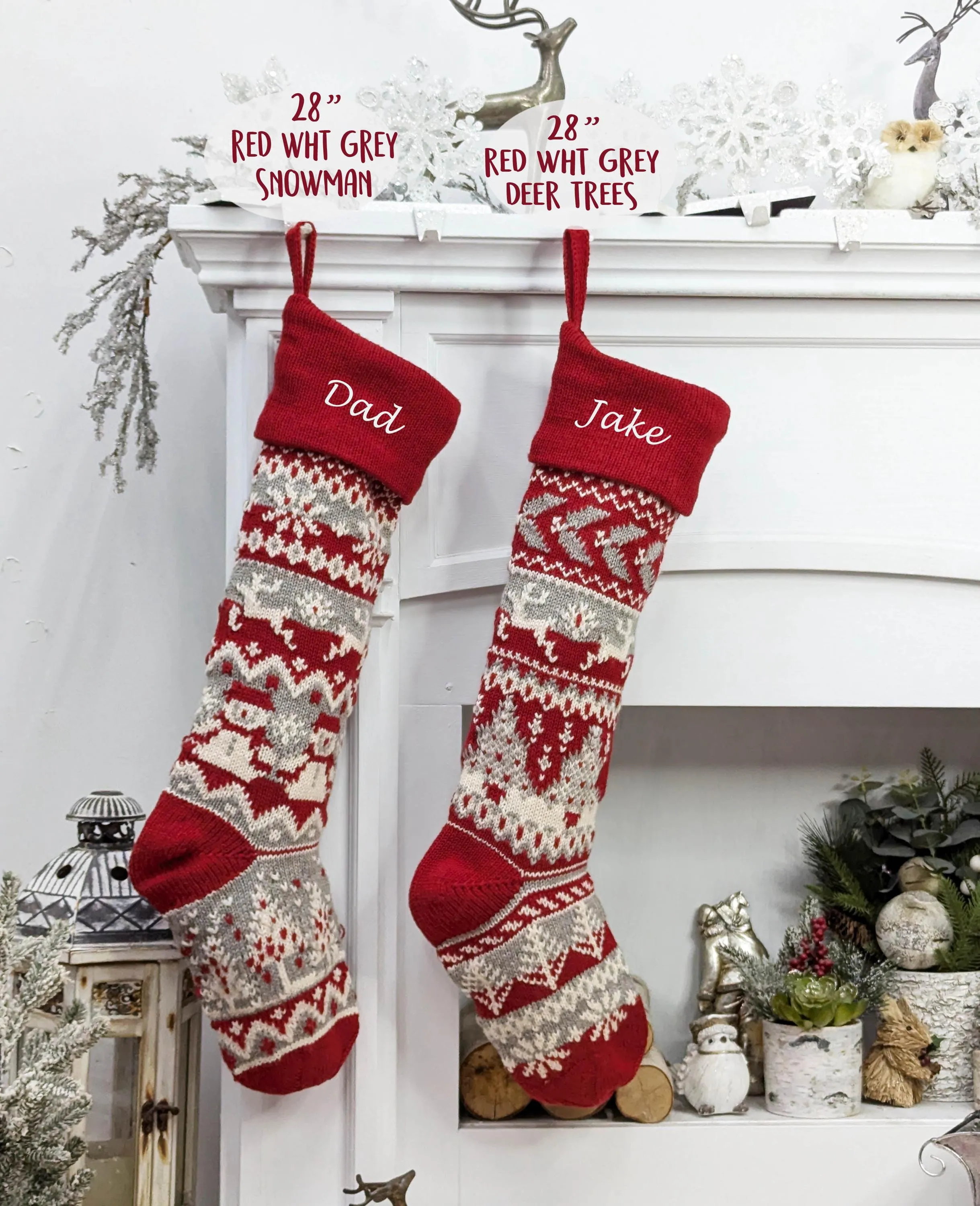 28" Personalized Knit Christmas Stockings | XL Fair Isle Reindeer & Snowflakes | Extra Large Long Oversize Knitted Red White Grey Custom