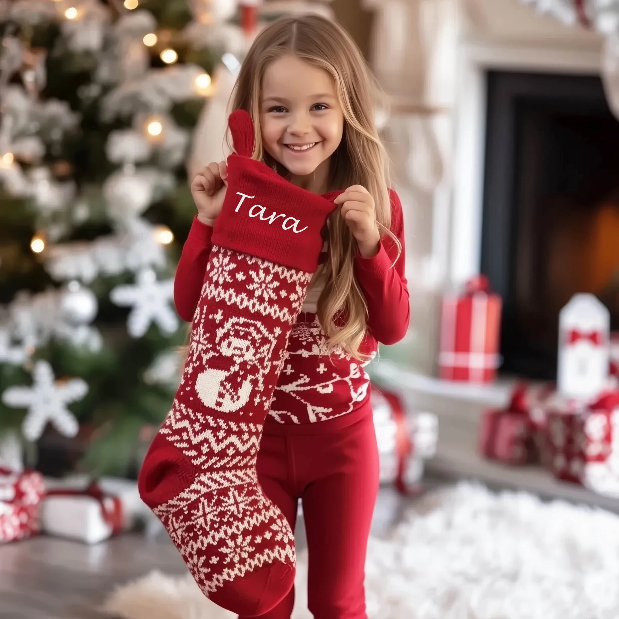 28" Personalized Knit Christmas Stockings | XL Fair Isle Reindeer & Snowflakes | Extra Large Long Oversize Knitted Red White Grey Custom