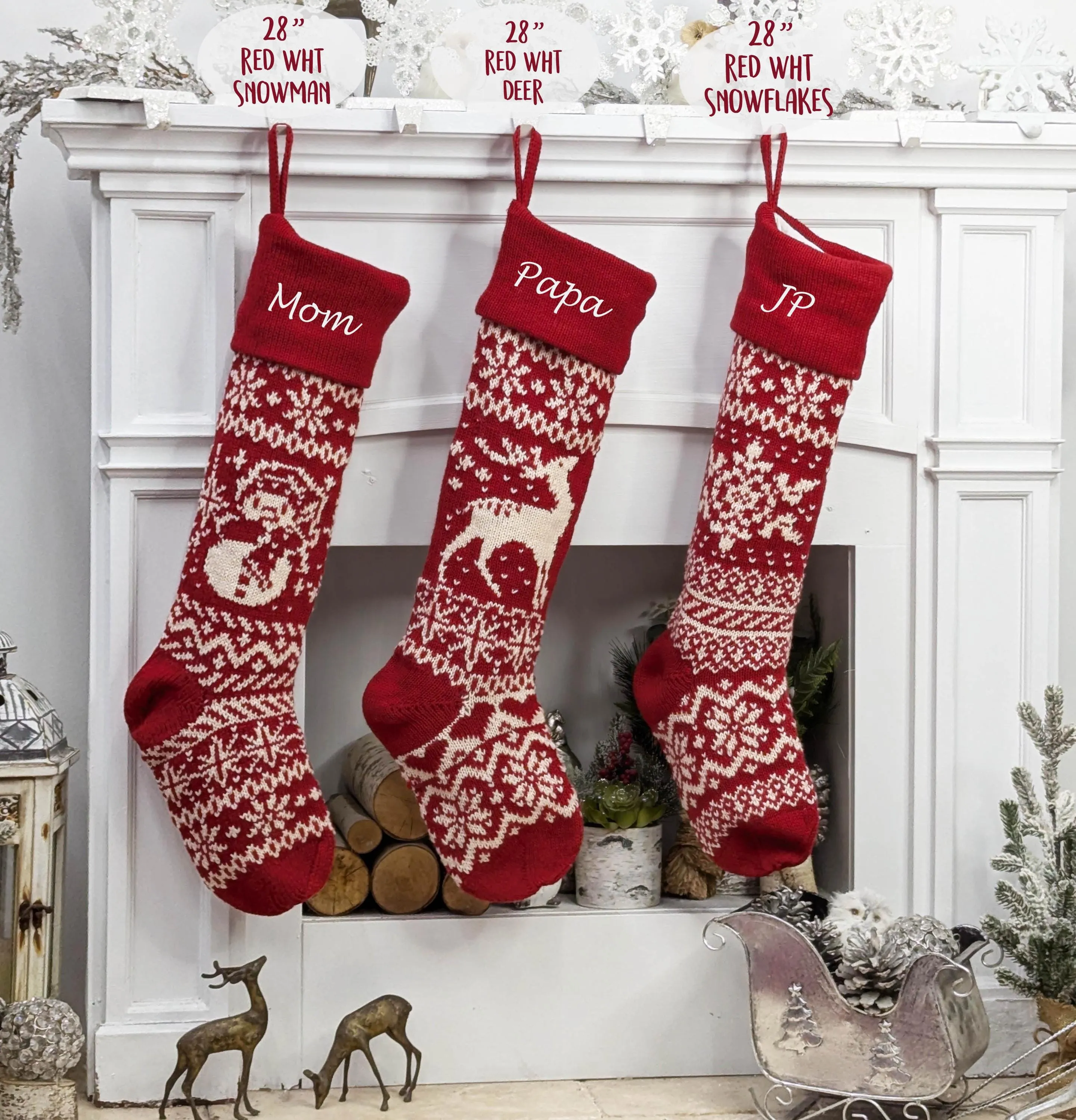 28" Personalized Knit Christmas Stockings | XL Fair Isle Reindeer & Snowflakes | Extra Large Long Oversize Knitted Red White Grey Custom