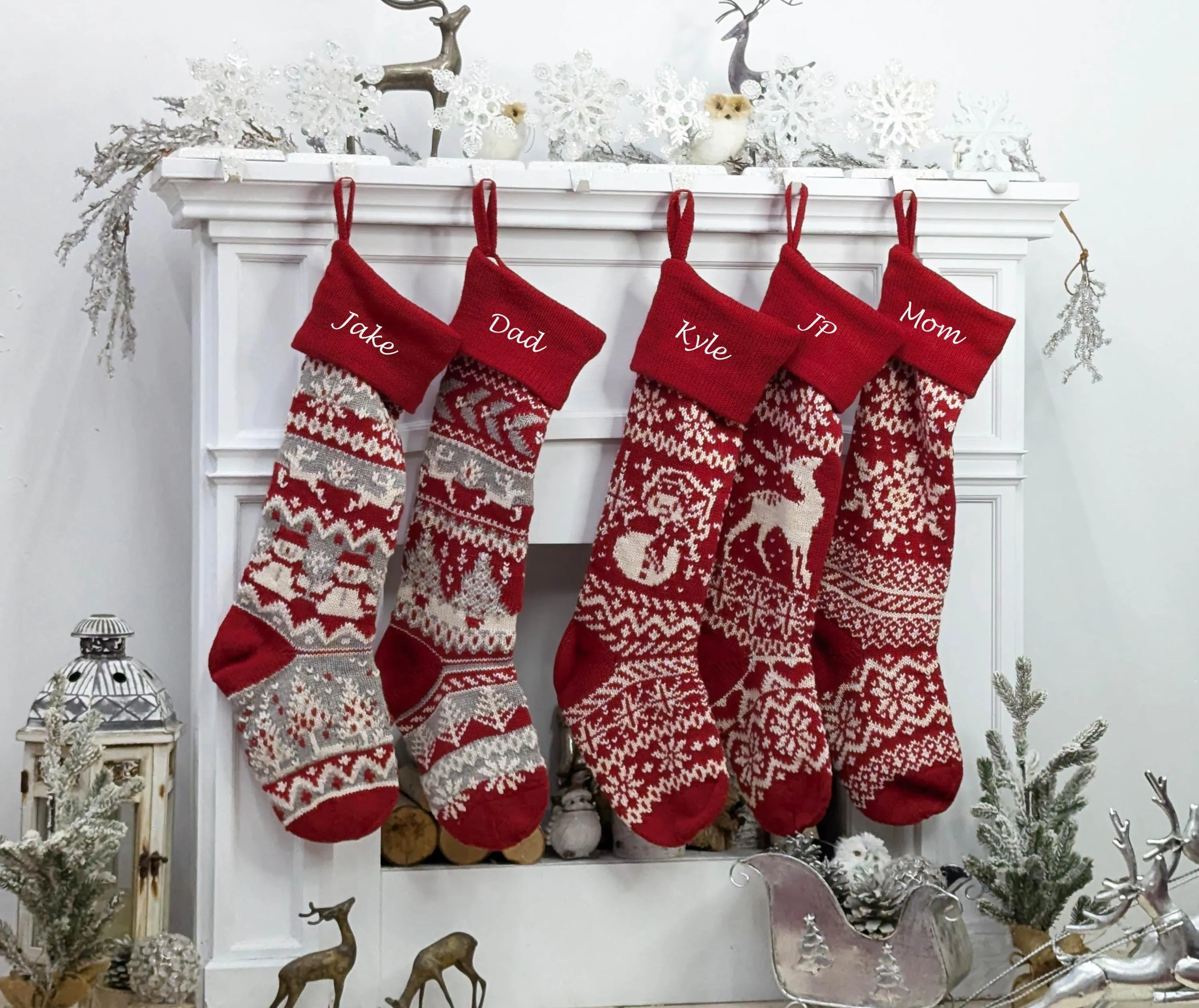 28" Personalized Knit Christmas Stockings | XL Fair Isle Reindeer & Snowflakes | Extra Large Long Oversize Knitted Red White Grey Custom