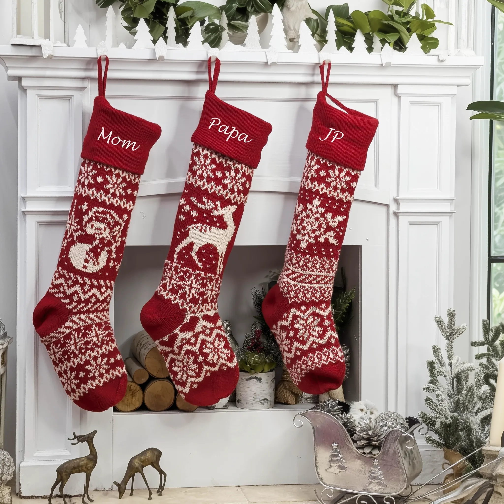 28" Personalized Knit Christmas Stockings | XL Fair Isle Reindeer & Snowflakes | Extra Large Long Oversize Knitted Red White Grey Custom