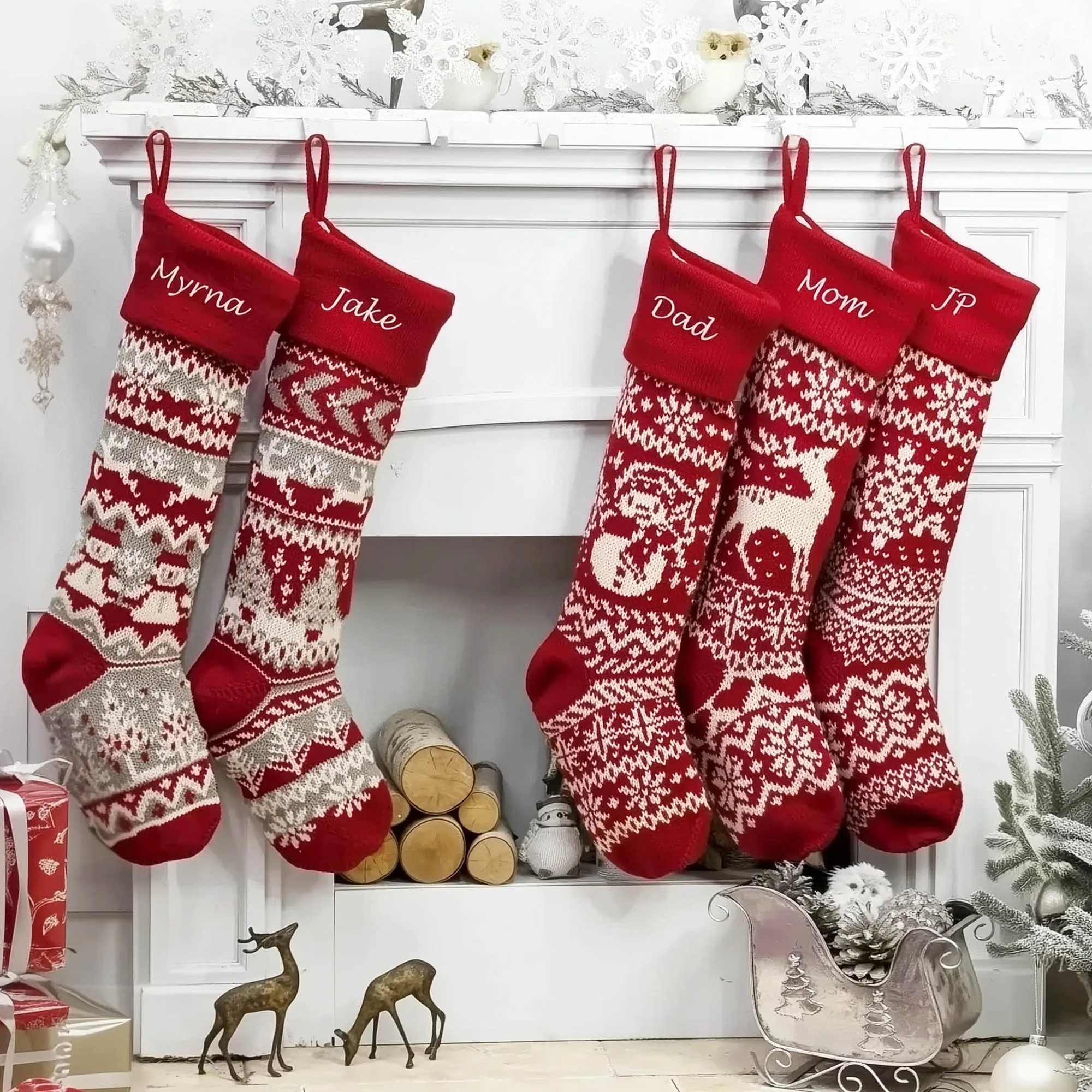 28" Personalized Knit Christmas Stockings | XL Fair Isle Reindeer & Snowflakes | Extra Large Long Oversize Knitted Red White Grey Custom