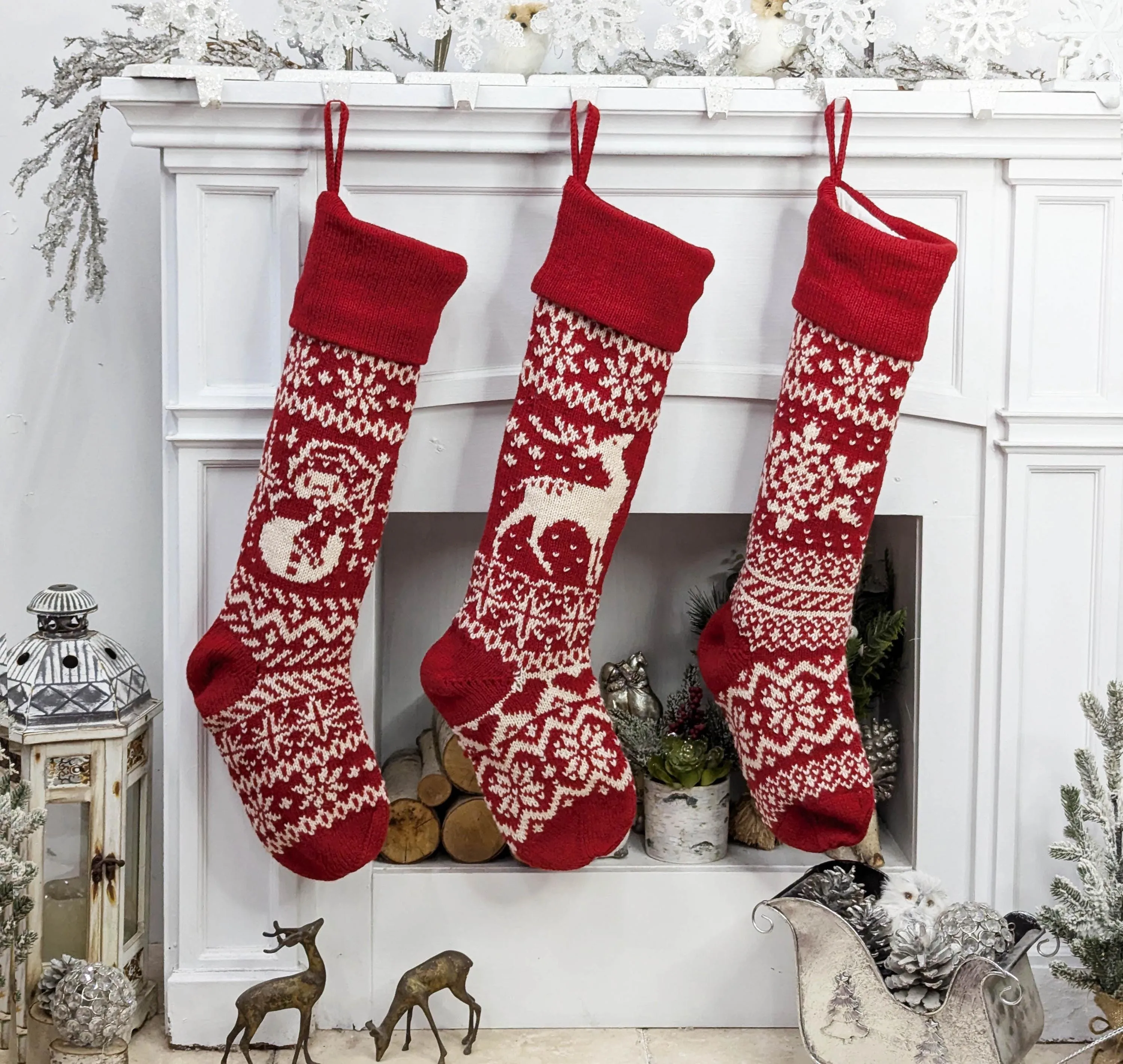 28" Personalized Knit Christmas Stockings | XL Fair Isle Reindeer & Snowflakes | Extra Large Long Oversize Knitted Red White Grey Custom