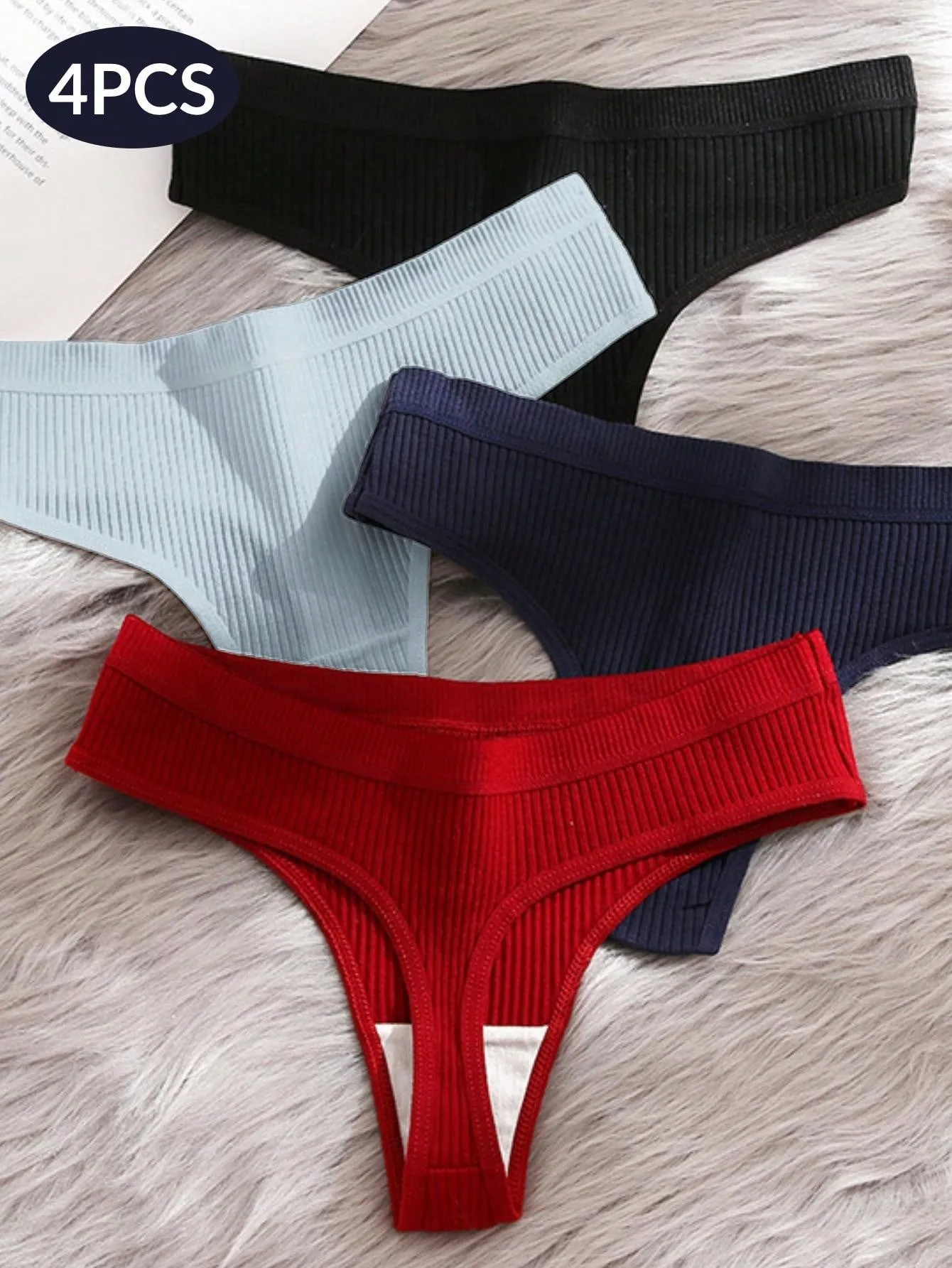 4pcs/Pack Women Pure Cotton Solid Color Thong Panties, Comfortable Breathable Daily High Elasticity Skin-Friendly, Wide Waistband Rib Design Low Waist Ladies Underwea