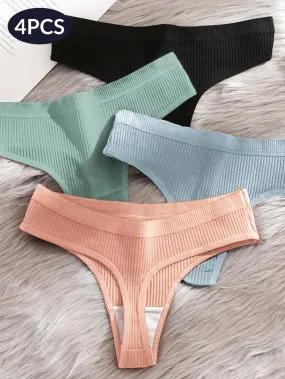 4pcs/Pack Women Pure Cotton Solid Color Thong Panties, Comfortable Breathable Daily High Elasticity Skin-Friendly, Wide Waistband Rib Design Low Waist Ladies Underwea