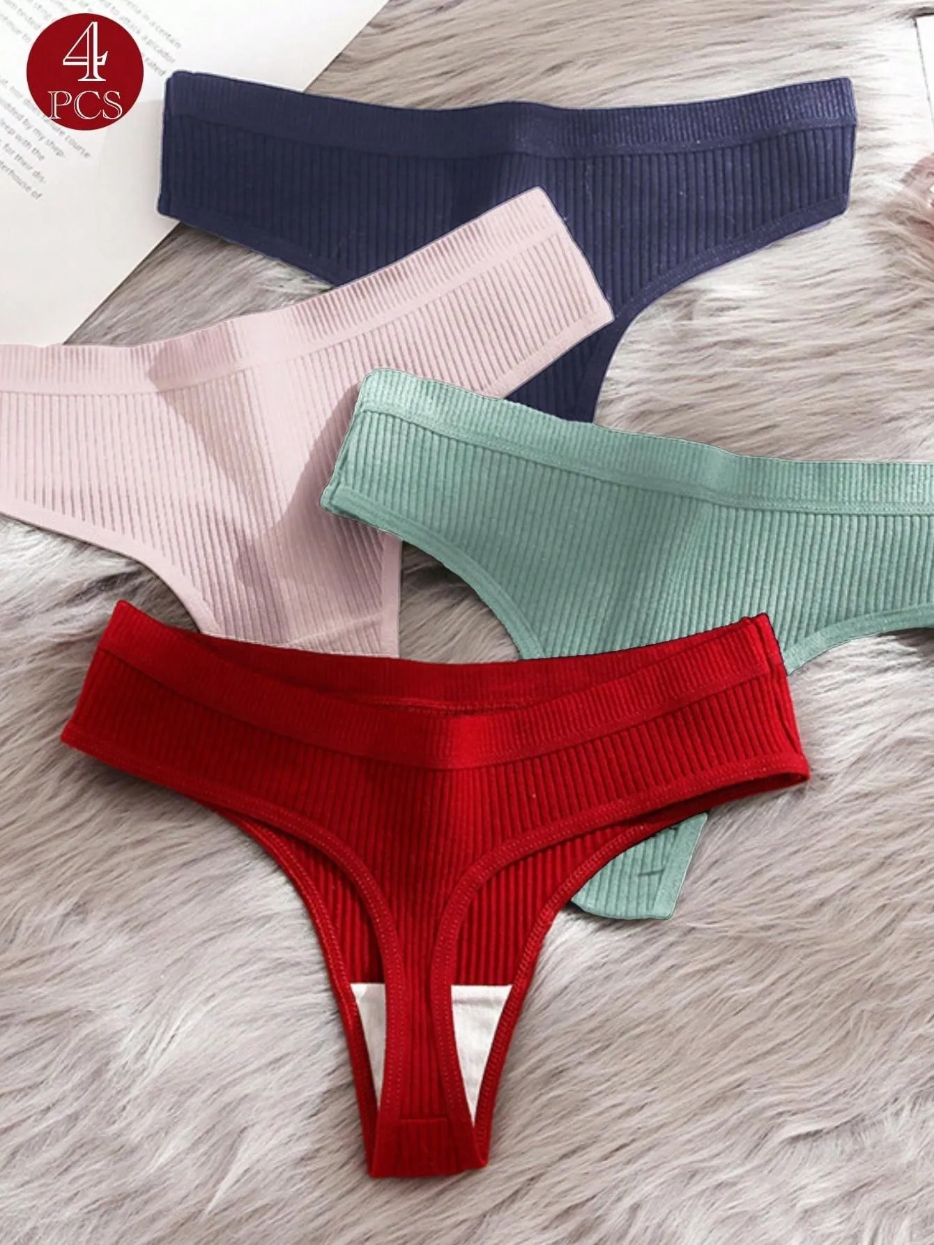 4pcs/Pack Women Pure Cotton Solid Color Thong Panties, Comfortable Breathable Daily High Elasticity Skin-Friendly, Wide Waistband Rib Design Low Waist Ladies Underwea