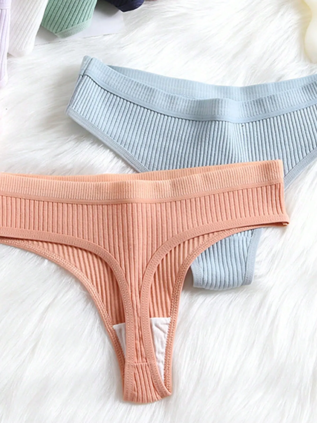 4pcs/Pack Women Pure Cotton Solid Color Thong Panties, Comfortable Breathable Daily High Elasticity Skin-Friendly, Wide Waistband Rib Design Low Waist Ladies Underwea