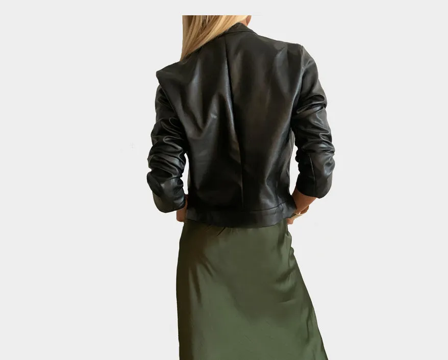 9 Cropped Jet Black Vegan Leather Jacket- The Bel Air