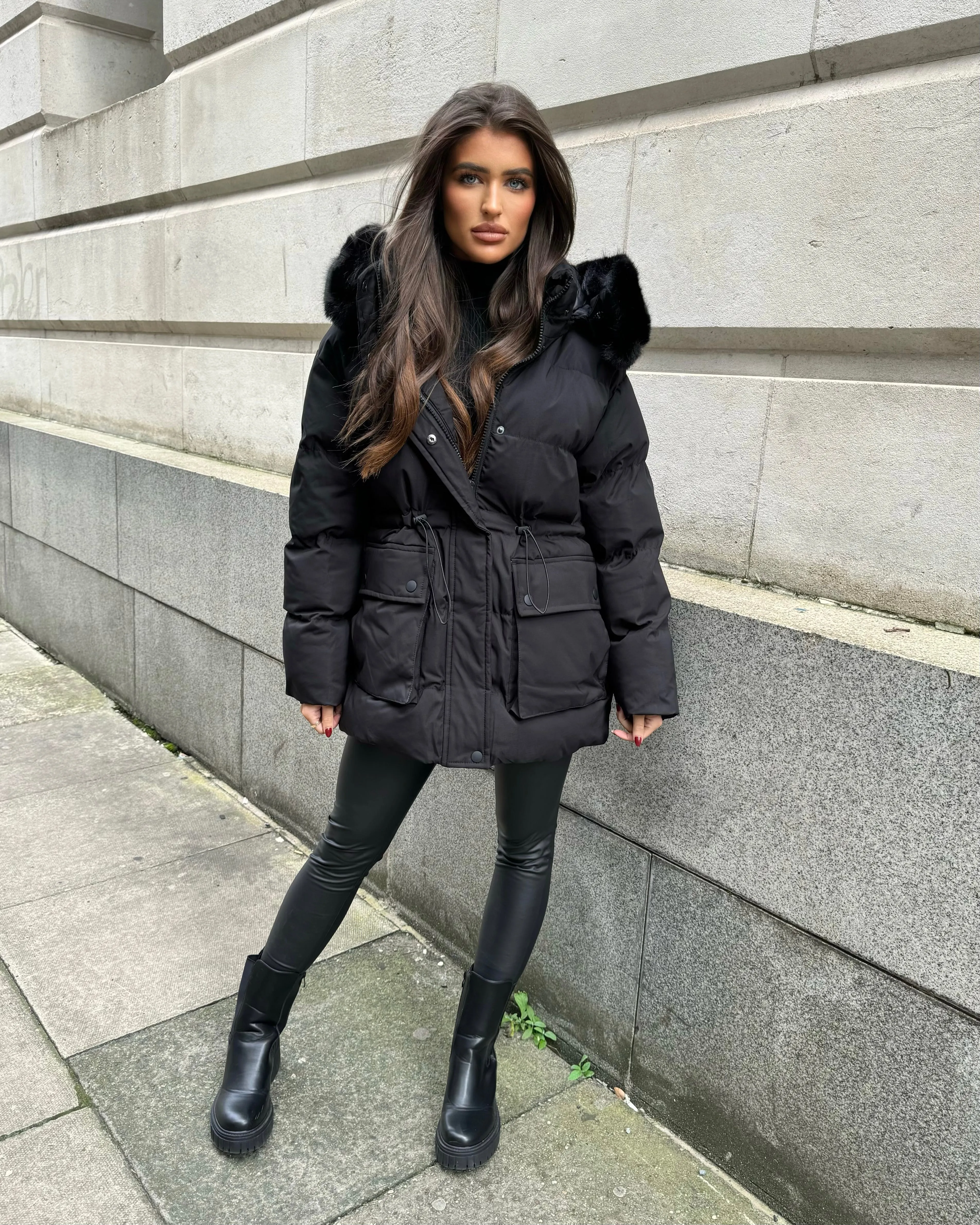 Aaliyah Padded Faux Fur Hooded Coat - Black