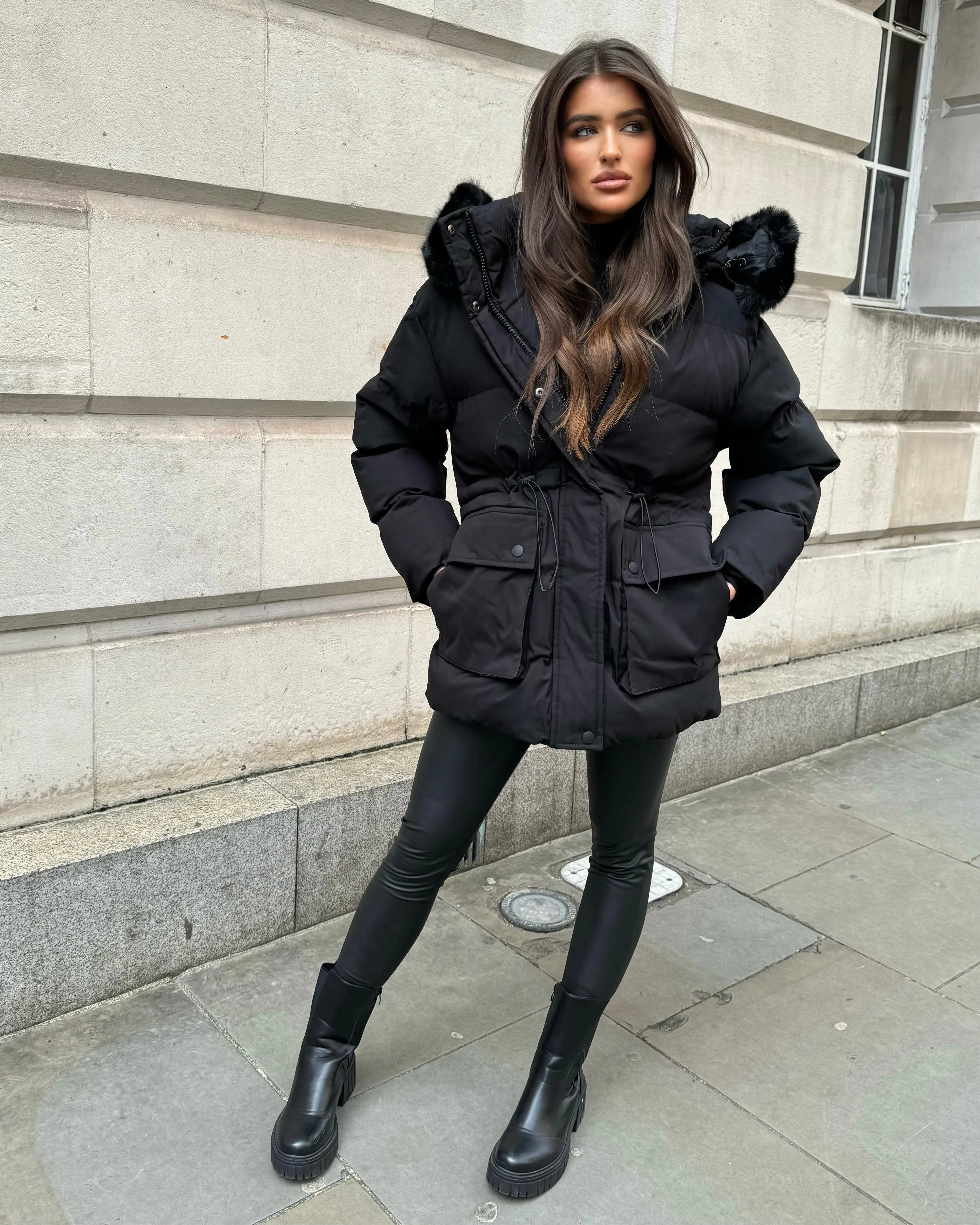 Aaliyah Padded Faux Fur Hooded Coat - Black