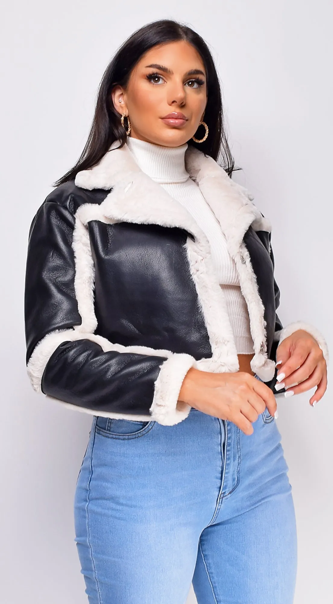 Adia Black Cream Cropped Faux Leather Fur Jacket