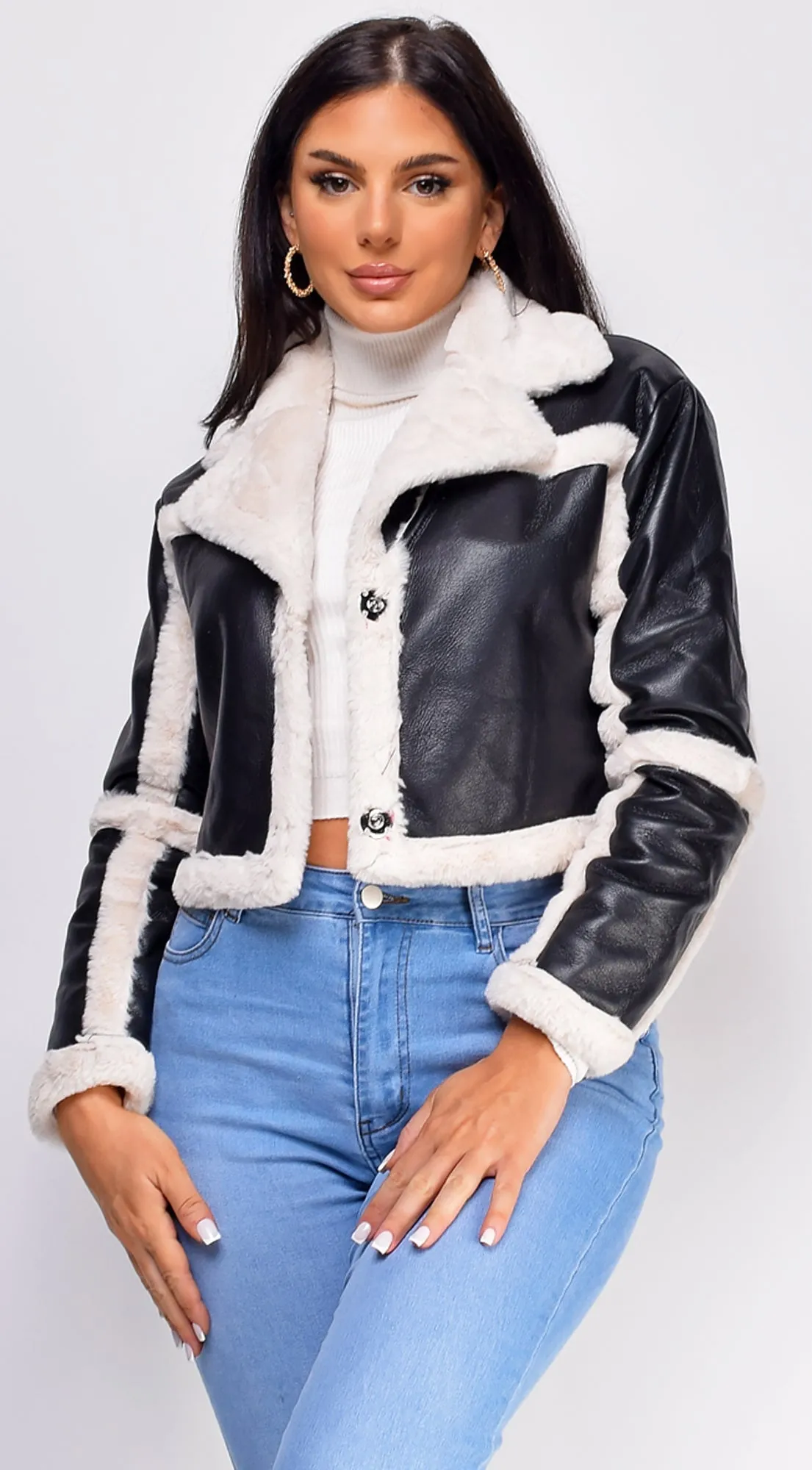 Adia Black Cream Cropped Faux Leather Fur Jacket