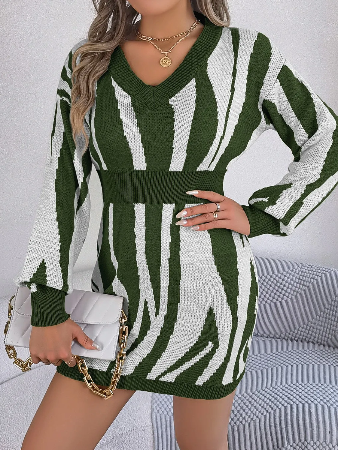 Animal Print V-Neck Long Sleeve Sweater Dress - 100% Acrylic, Moderate Stretch, Machine Washable