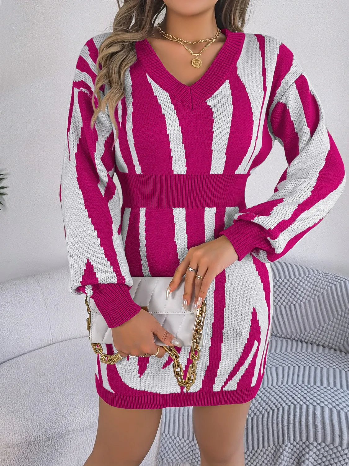 Animal Print V-Neck Long Sleeve Sweater Dress - 100% Acrylic, Moderate Stretch, Machine Washable