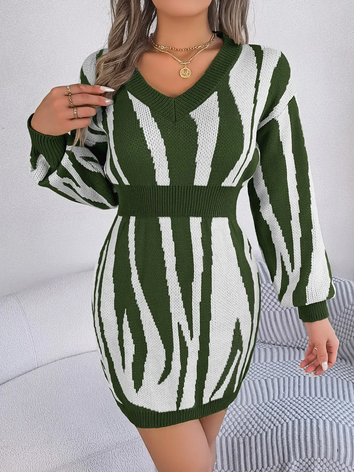 Animal Print V-Neck Long Sleeve Sweater Dress - 100% Acrylic, Moderate Stretch, Machine Washable