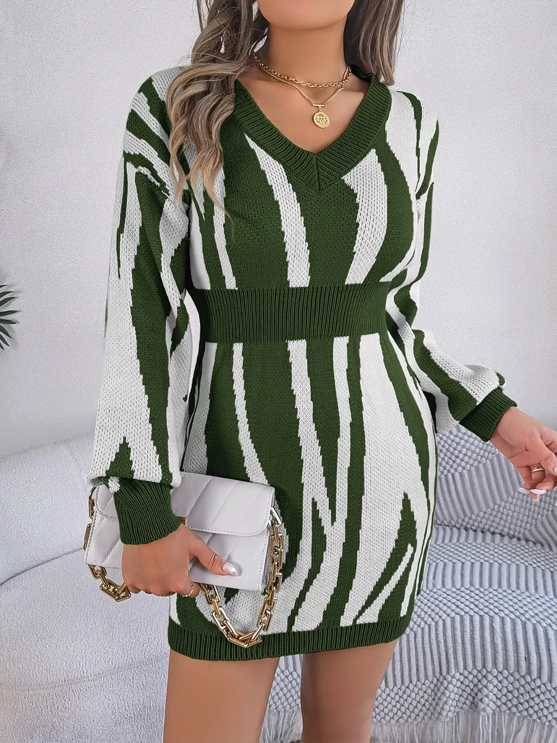 Animal Print V-Neck Long Sleeve Sweater Dress - 100% Acrylic, Moderate Stretch, Machine Washable