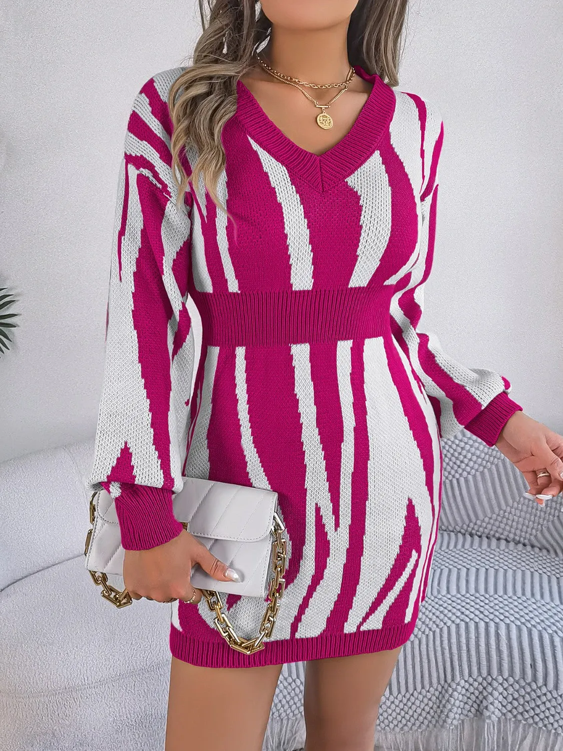 Animal Print V-Neck Long Sleeve Sweater Dress - 100% Acrylic, Moderate Stretch, Machine Washable