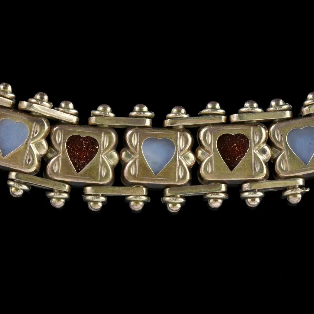 Antique Heart Bracelet Gold Gilt Aventurine Pearl Circa 1890