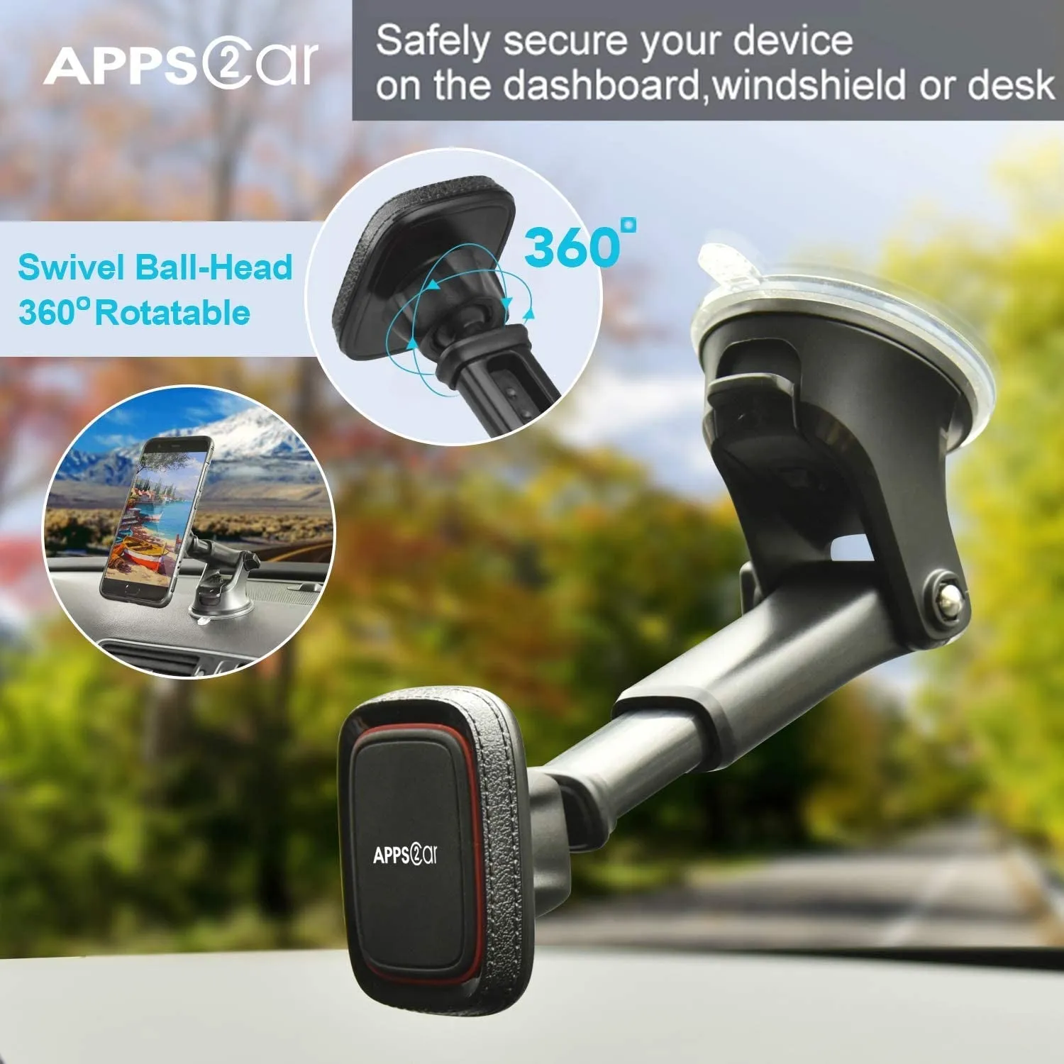 Apps2Car Magnetic Phone Car Mount, Universal Dashboard Windshield Industrial-Strength Suction Cup Car Phone Mount Holder with Adjustable Telescopic Arm,6 Strong Magnets,For All Cell Phones