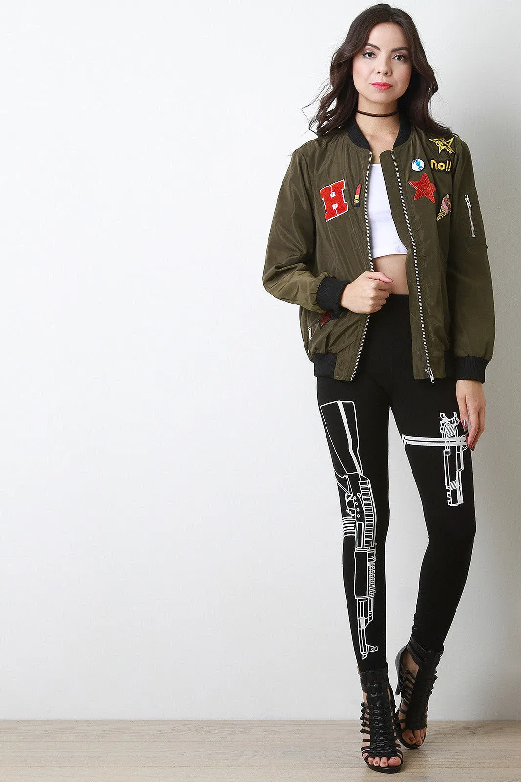 Assorted Patches Zip Up Bomber Jacket