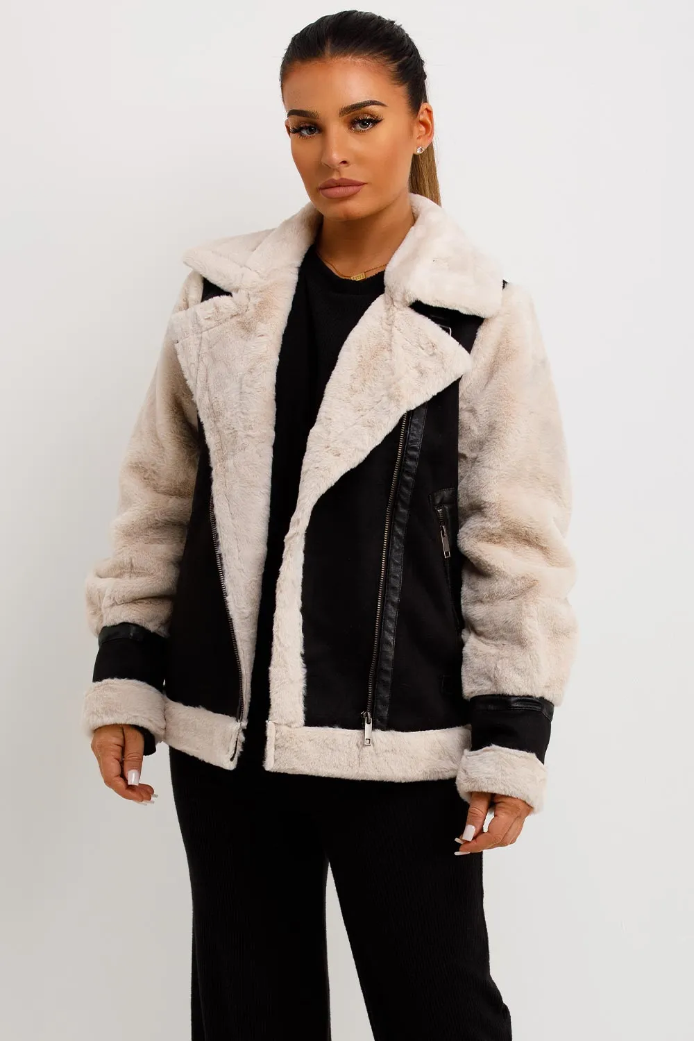 Aviator Jacket In Faux Suede With Fur Sleeves Black