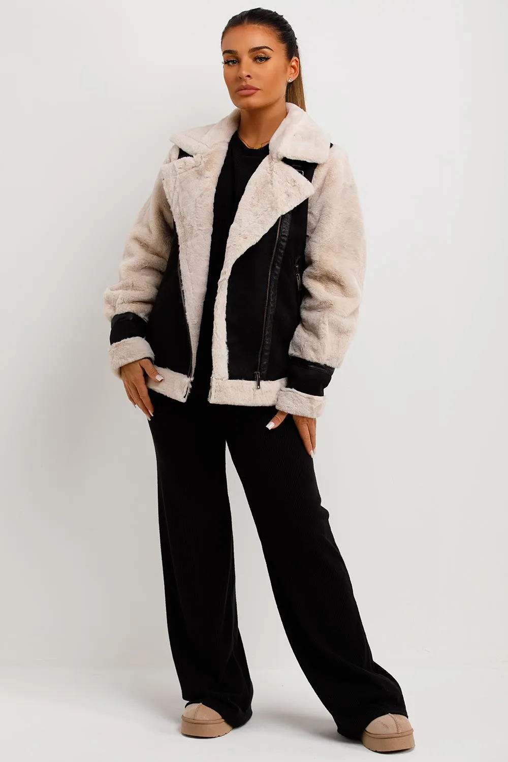 Aviator Jacket In Faux Suede With Fur Sleeves Black