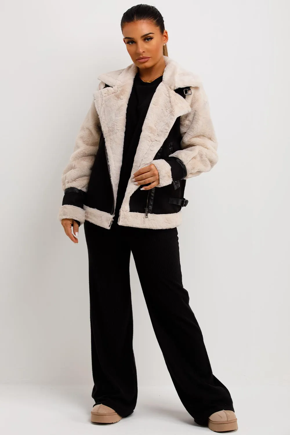 Aviator Jacket In Faux Suede With Fur Sleeves Black