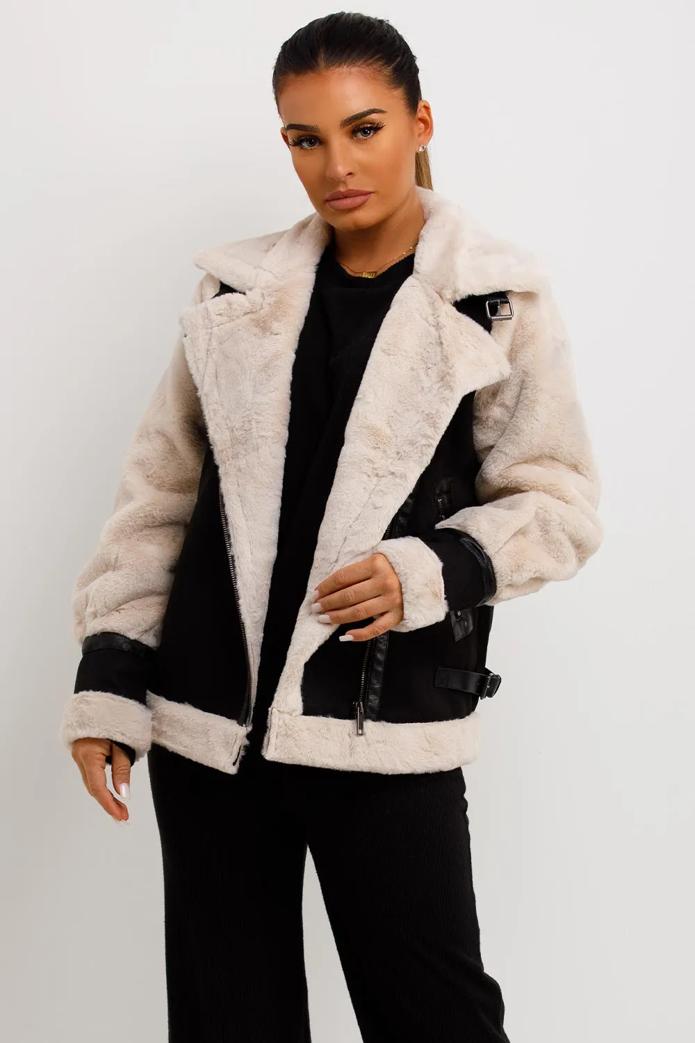 Aviator Jacket In Faux Suede With Fur Sleeves Black