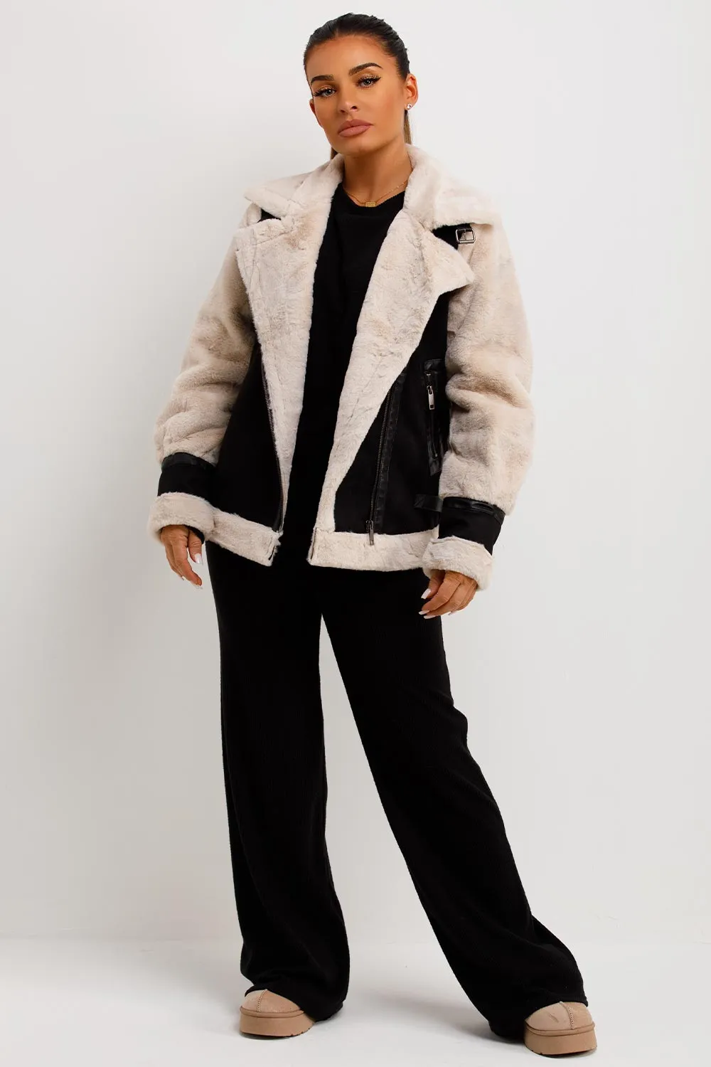 Aviator Jacket In Faux Suede With Fur Sleeves Black