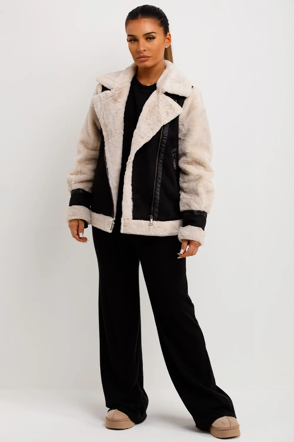 Aviator Jacket In Faux Suede With Fur Sleeves Black