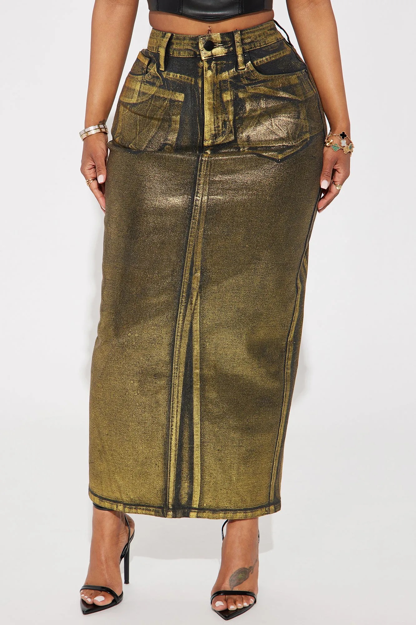 Back Down Foil Denim Maxi Skirt - Black Wash