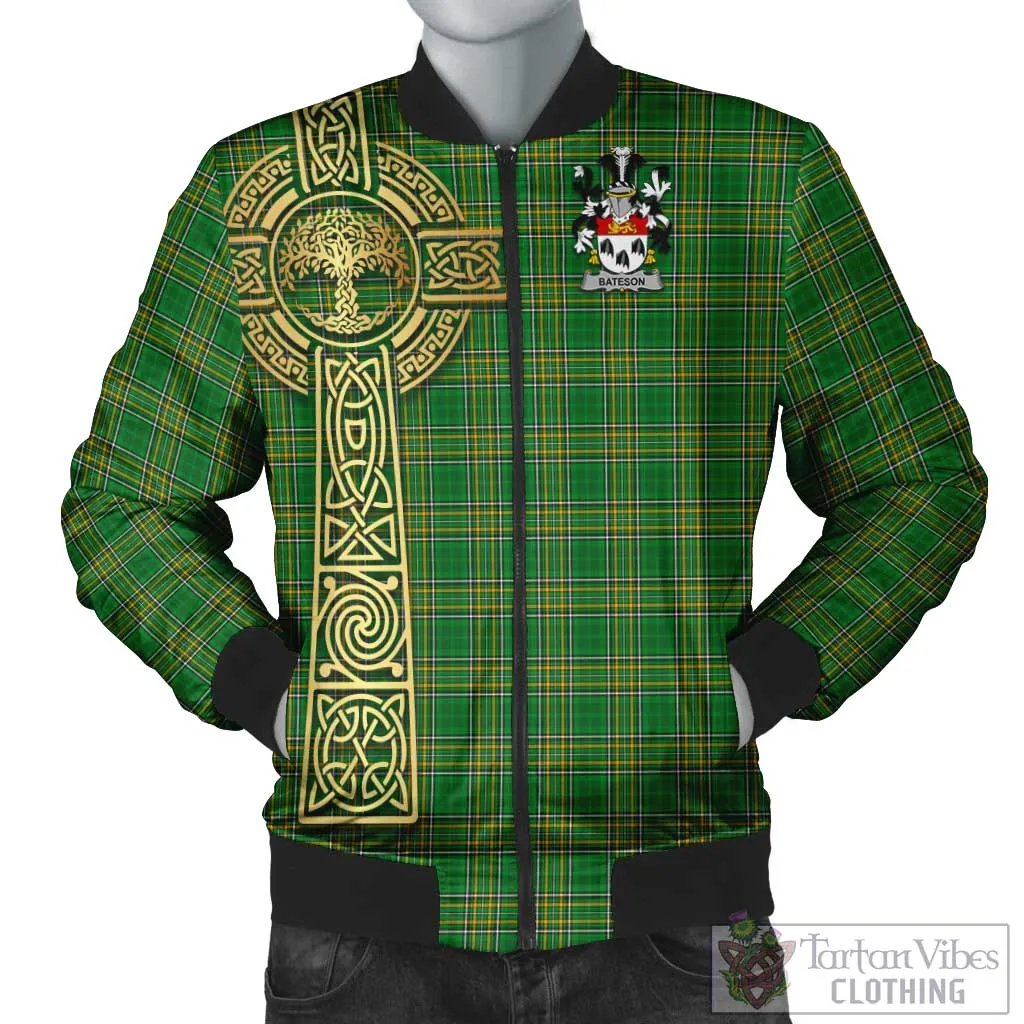 Bateson Irish Clan Tartan Bomber Jacket with Coat of Arms Celtic Tree of Life Style