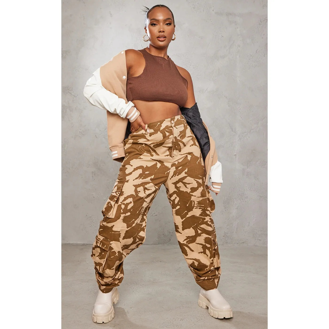 Beige Camo Cargo Trousers