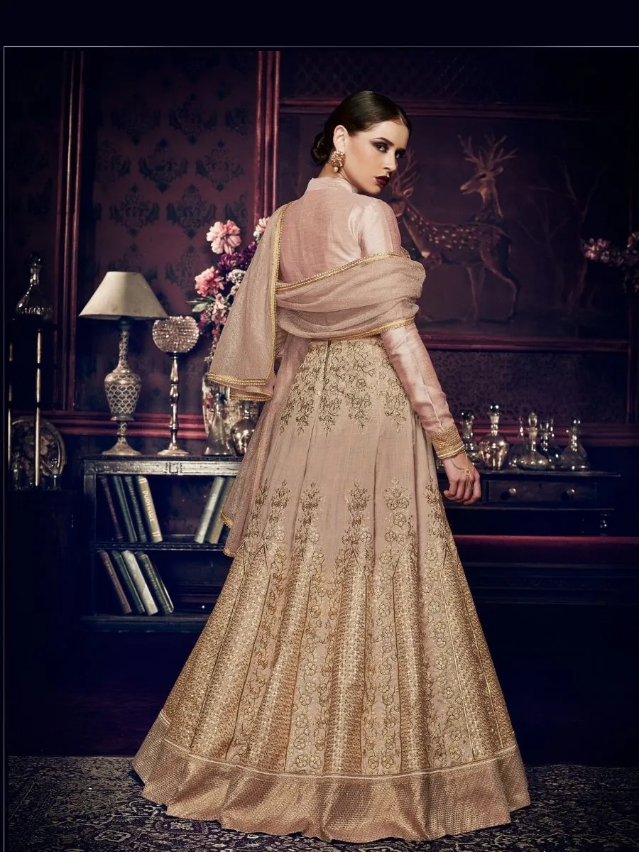 Beige Embroidered Silk Anarkali Suit