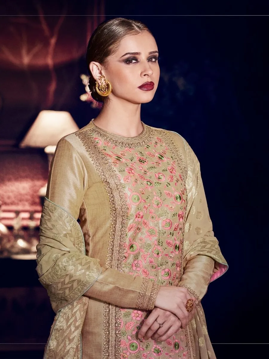 Beige Embroidered Silk Lehenga Style Suit