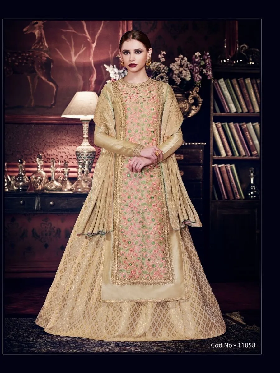 Beige Embroidered Silk Lehenga Style Suit