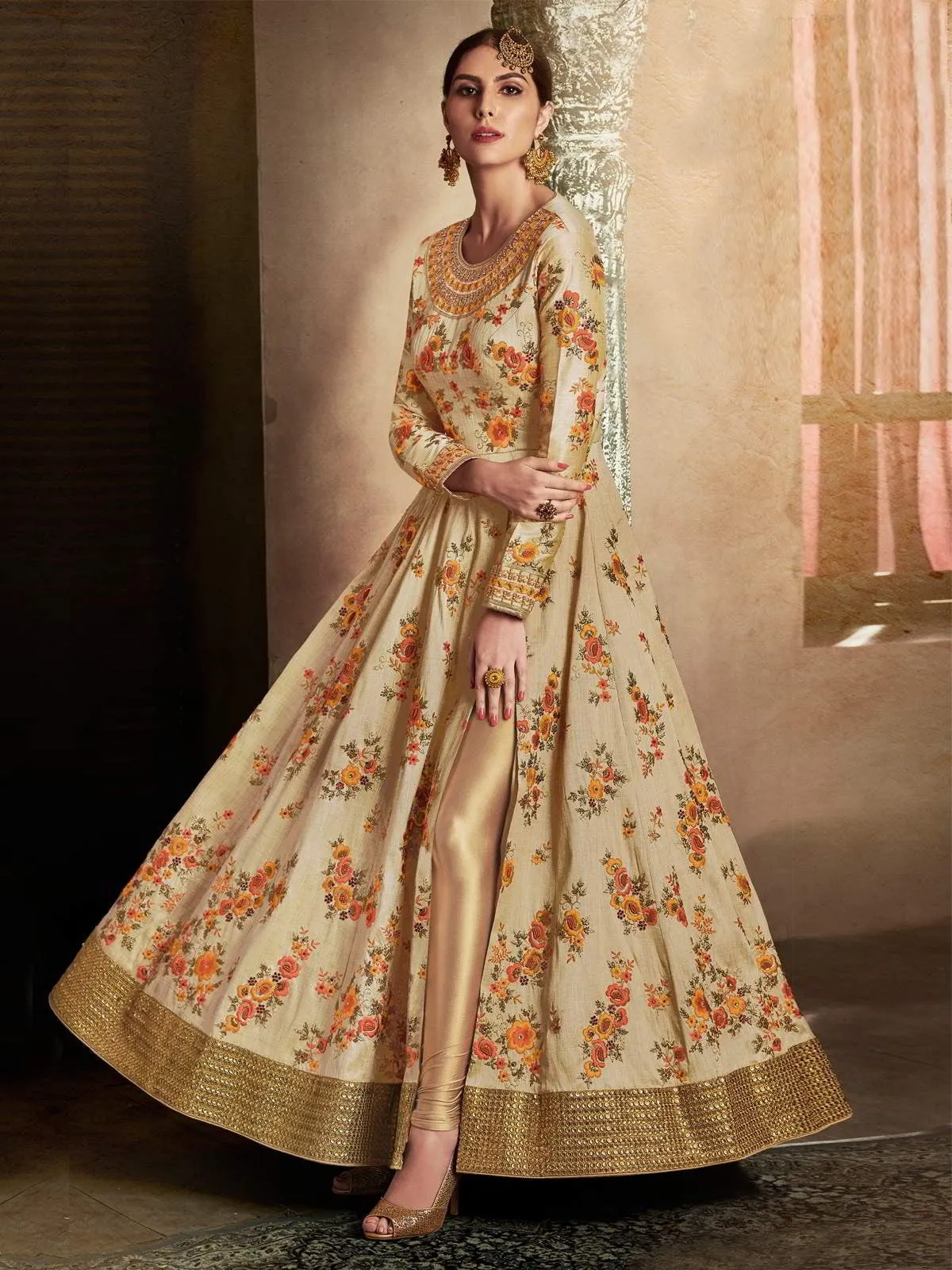 Beige Flower Embroidered Anarkali Suit