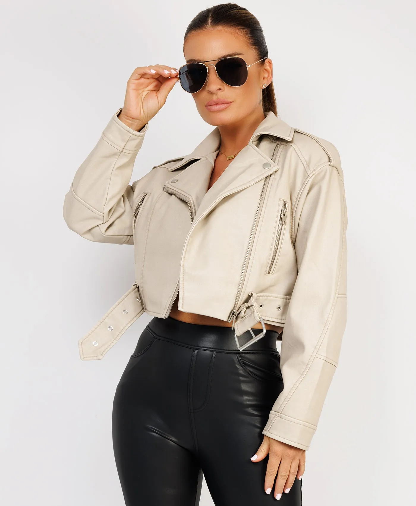 Beige Vegan Faux Leather Distressed Biker Jacket