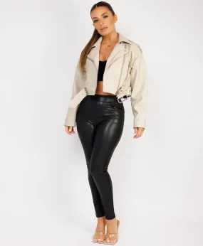 Beige Vegan Faux Leather Distressed Biker Jacket