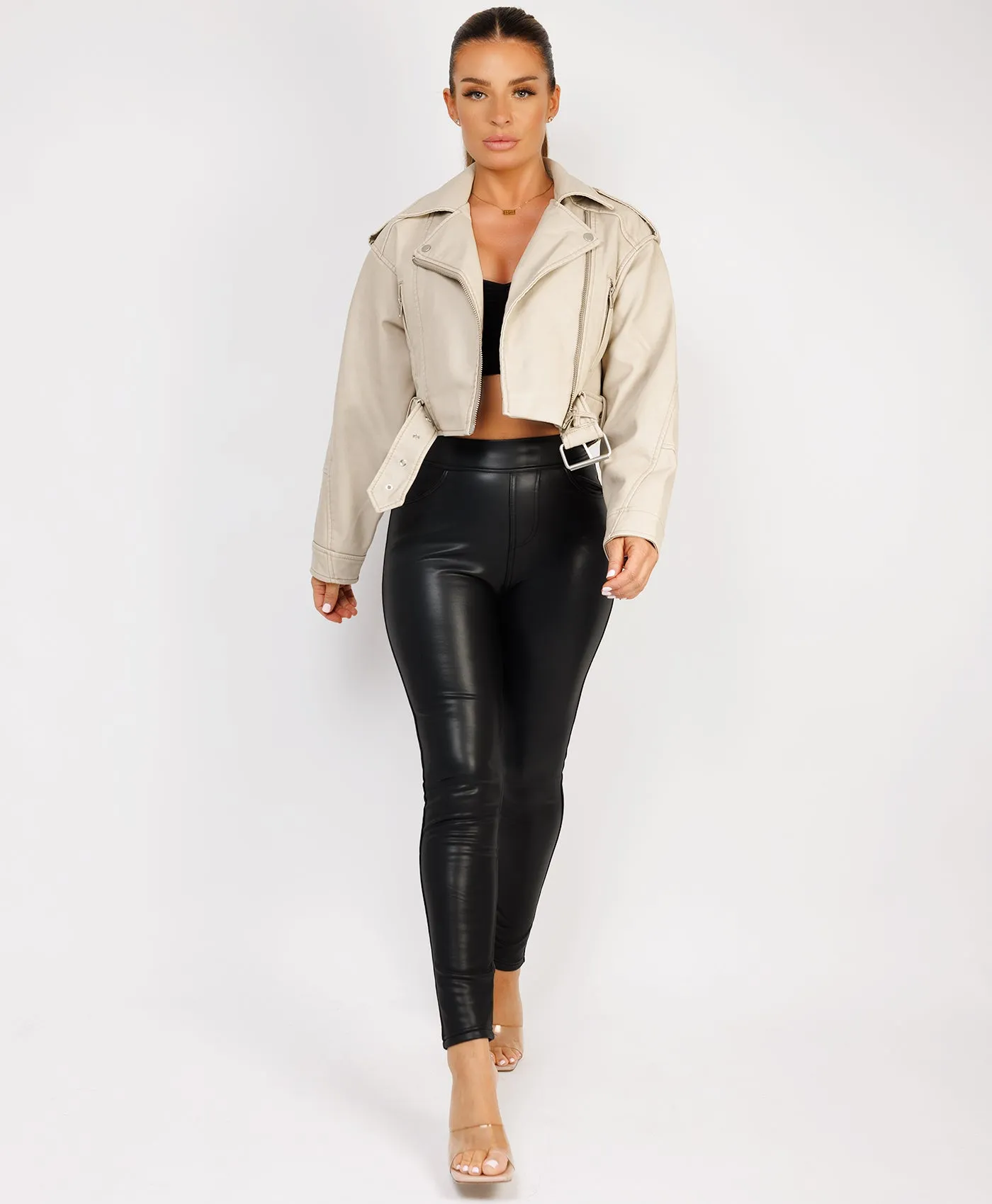 Beige Vegan Faux Leather Distressed Biker Jacket