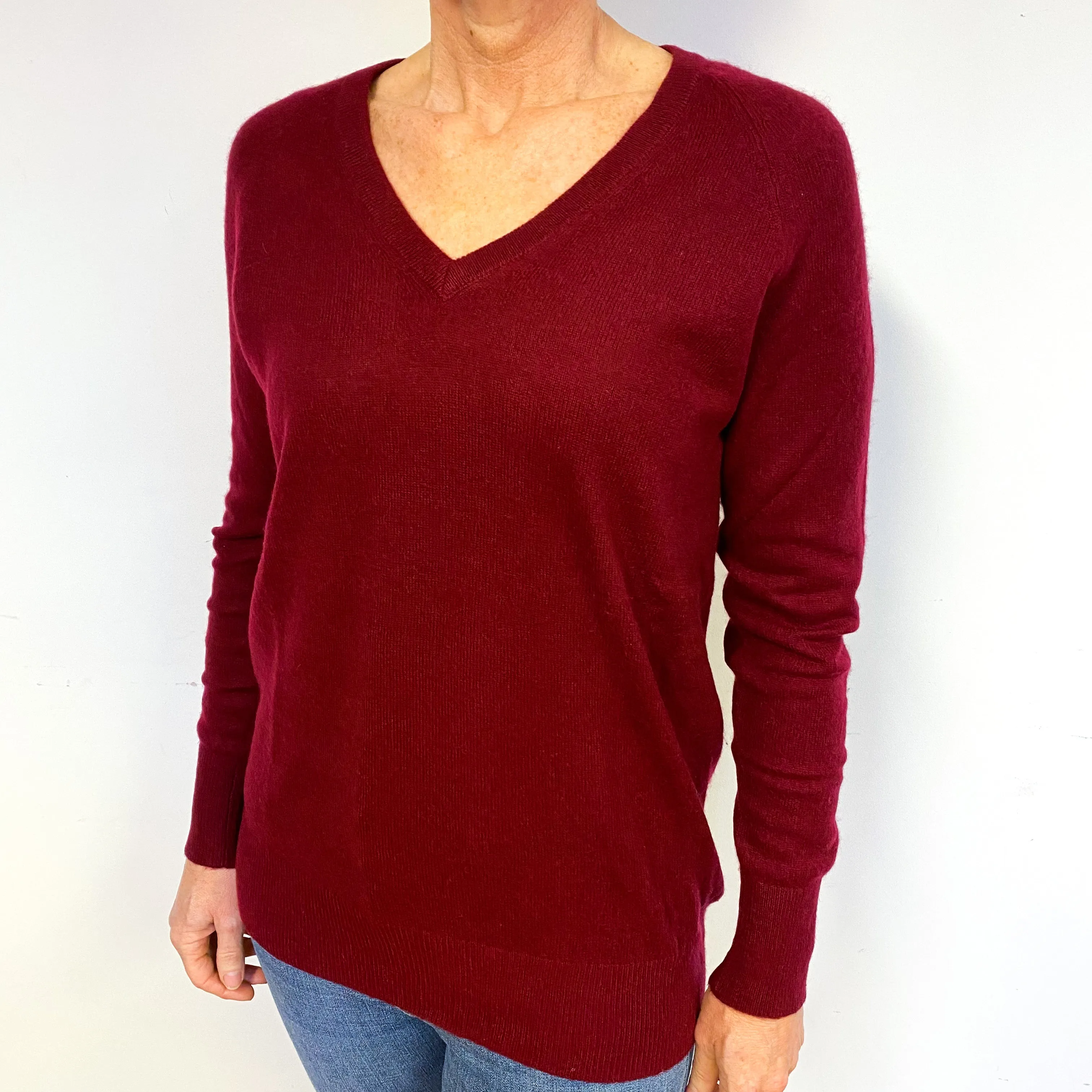 Berry Red Cashmere V-Neck Jumper Medium