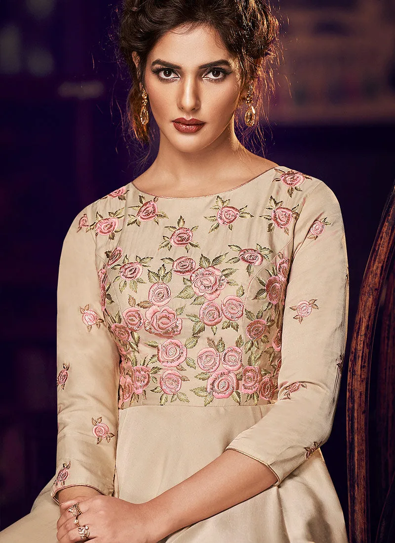 Biscuit Beige Minimalist Embroidered Designer Gown