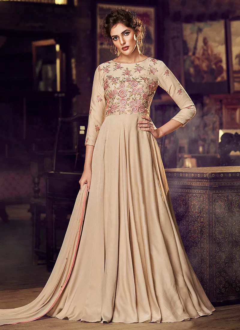 Biscuit Beige Minimalist Embroidered Designer Gown