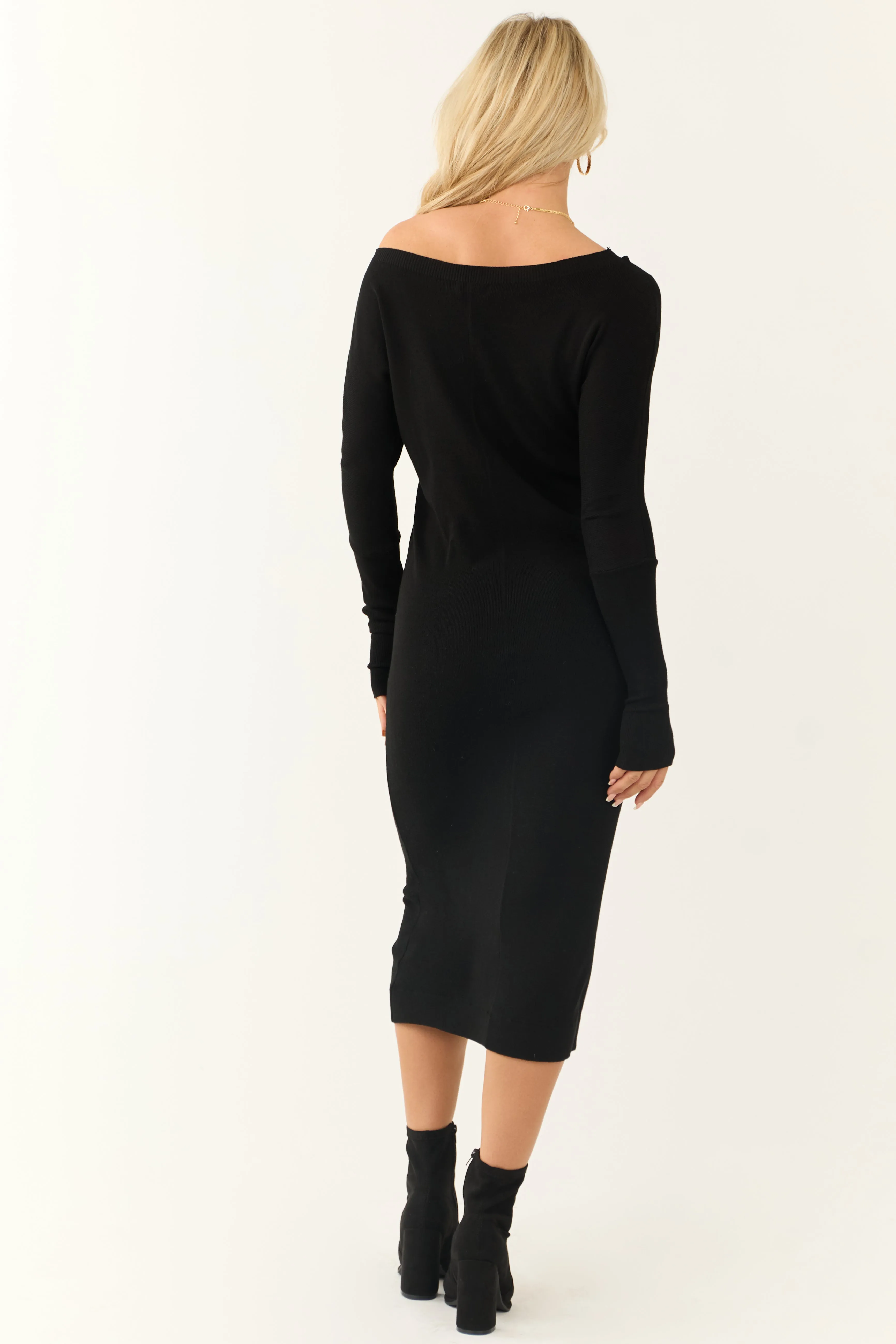 Black Boat Neck Long Sleeve Midi Sweater Dress